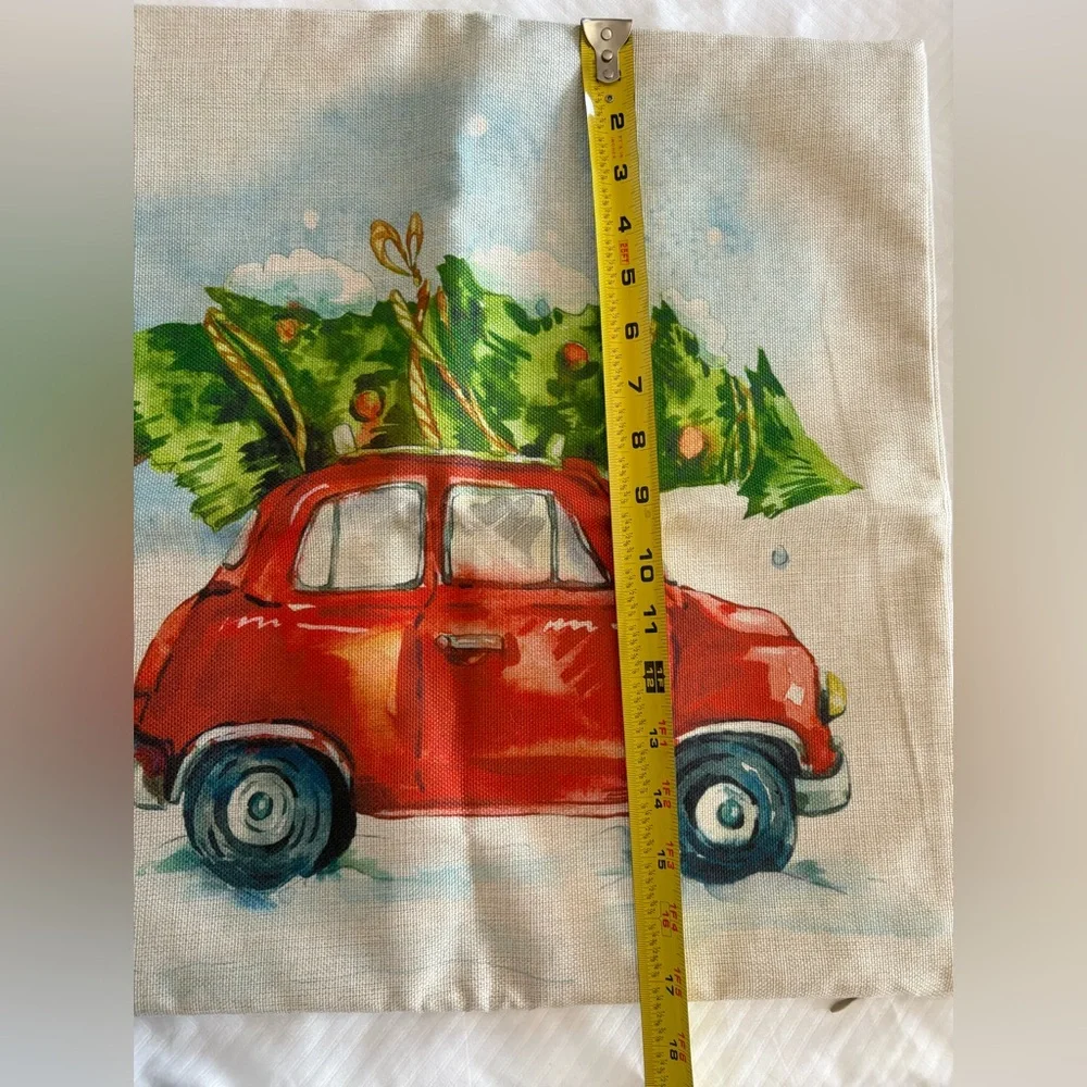 Christmas Decorative Throw Pillow Cover Beige Red Car Christmas Tree 17x17